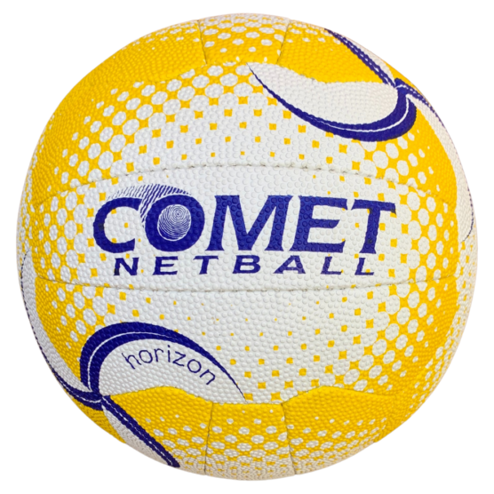 Close-up of a yellow and white Comet Netball ball showing a textured surface and blue branding logos.