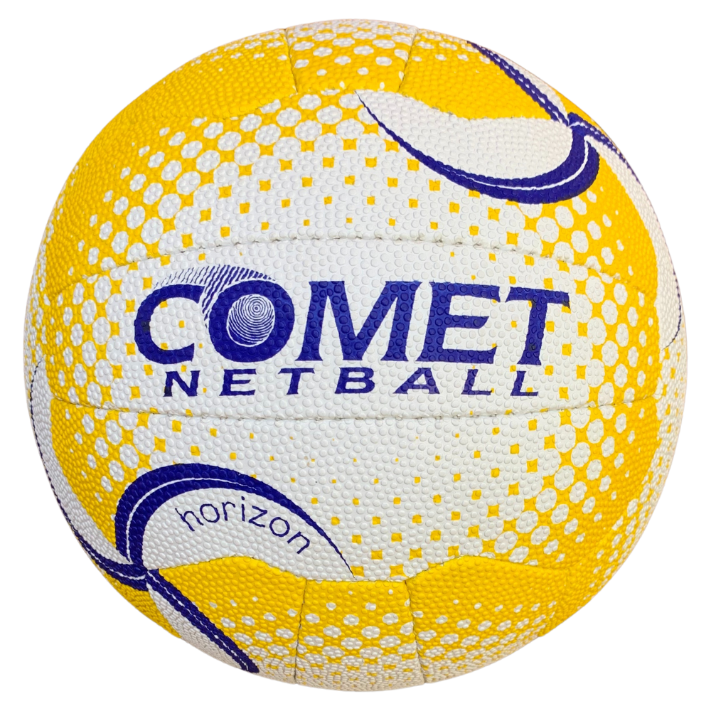 Close-up of a yellow and white Comet Netball ball showing a textured surface and blue branding logos.