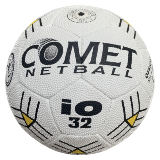 White netball with bold black 'COMET NETBALL' branding and the number 32, featuring black and yellow geometric accents.