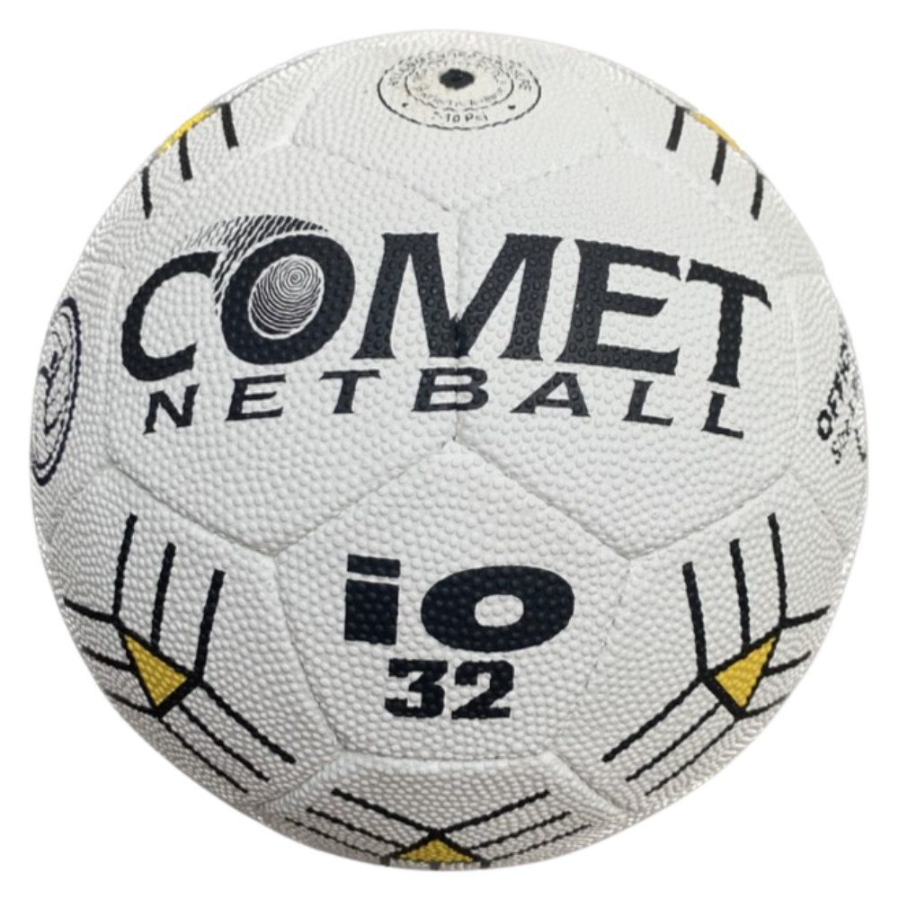 White netball with bold black 'COMET NETBALL' branding and the number 32, featuring black and yellow geometric accents.