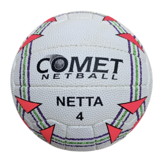 White netball with COMET NETBALL branding and NETTA 4, featuring colorful red triangles and striped seams