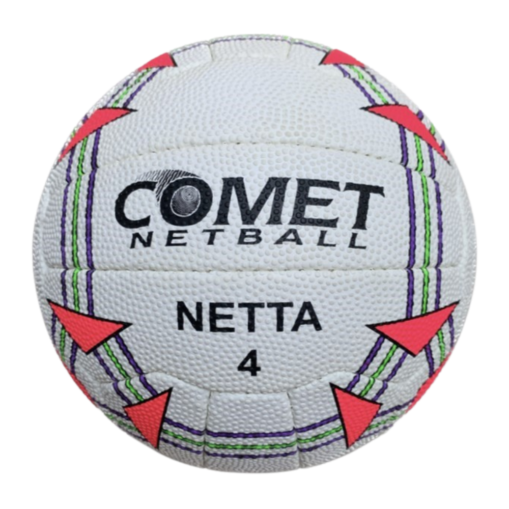 White netball with COMET NETBALL branding and NETTA 4, featuring colorful red triangles and striped seams