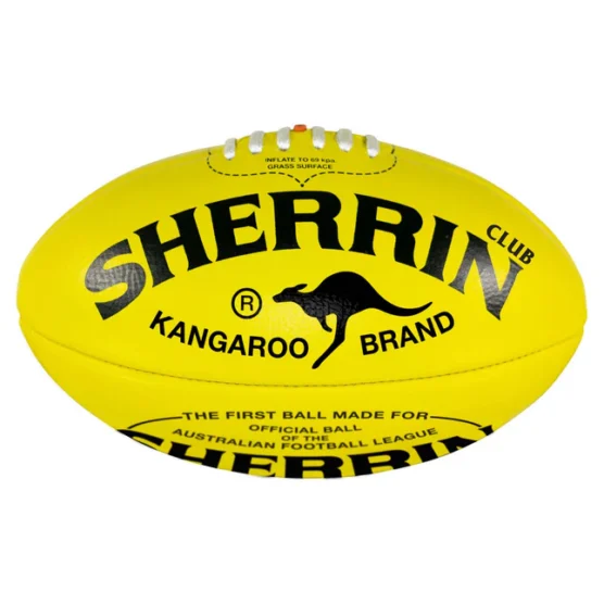 Yellow Sherrin rugby ball stamped with 'Kangaroo Brand' and a kangaroo silhouette.