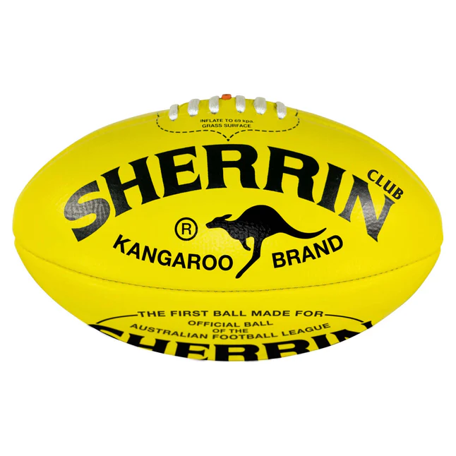 Yellow Sherrin rugby ball stamped with 'Kangaroo Brand' and a kangaroo silhouette.