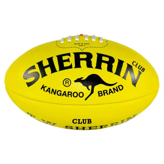 Yellow Sherrin football with Kangaroo Brand logo and white laces visible on top, bright and bold.