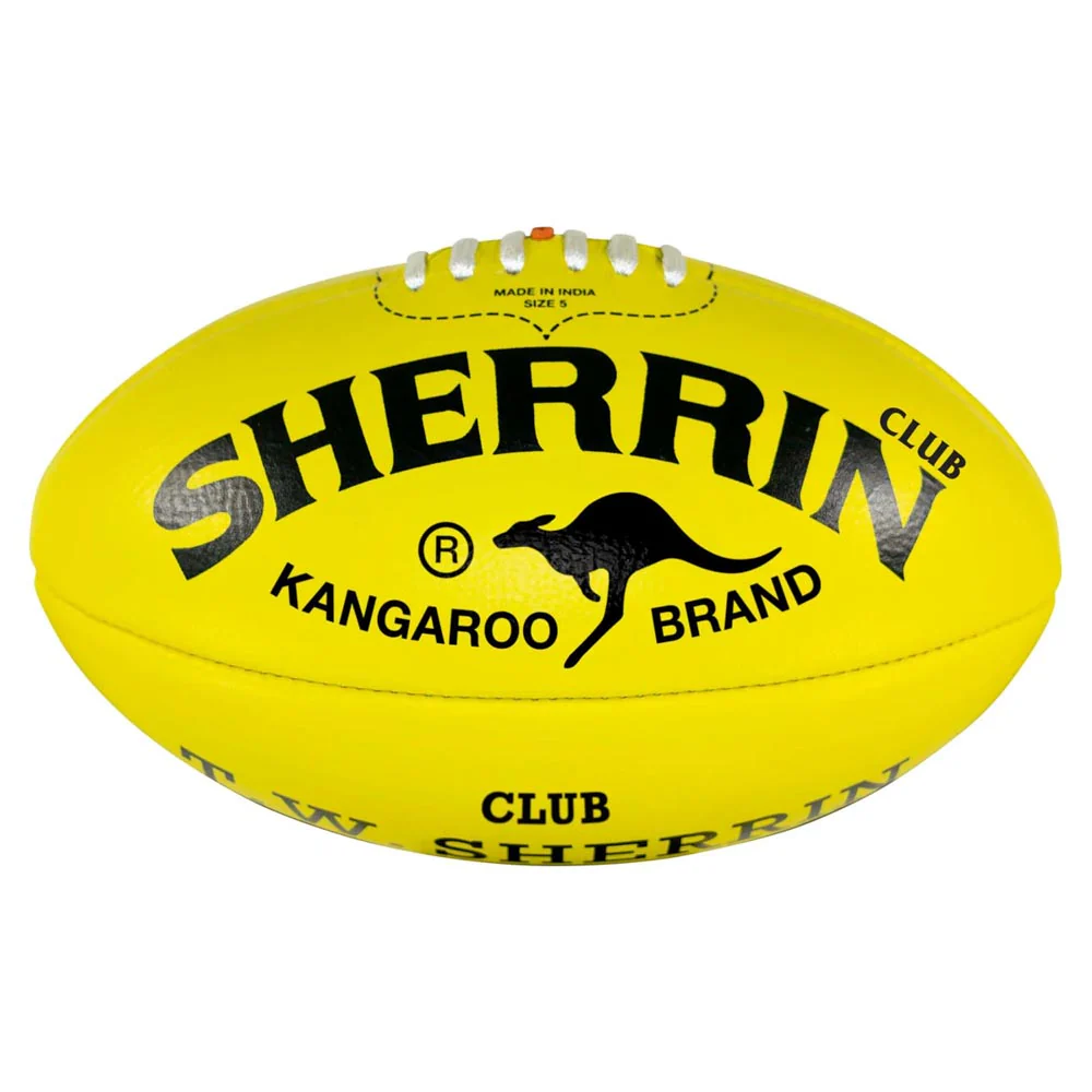 Yellow Sherrin football with Kangaroo Brand logo and white laces visible on top, bright and bold.