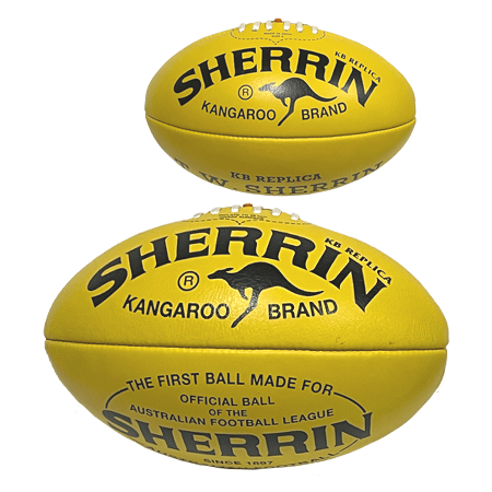 Two yellow Sherrin Australian rules footballs with Kangaroo Brand logo and text, stacked with gentle overlap.