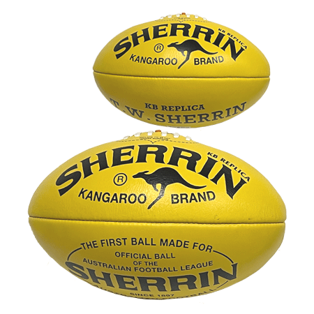 Two yellow Sherrin Australian footballs with black logos and 'Kangaroo Brand' text stacked along the seam.