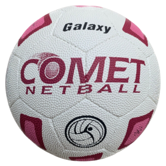 Soccer ball with pink accents and the word 'COMET' printed across it, brand Galaxy, close-up view showing textured panels and logo.