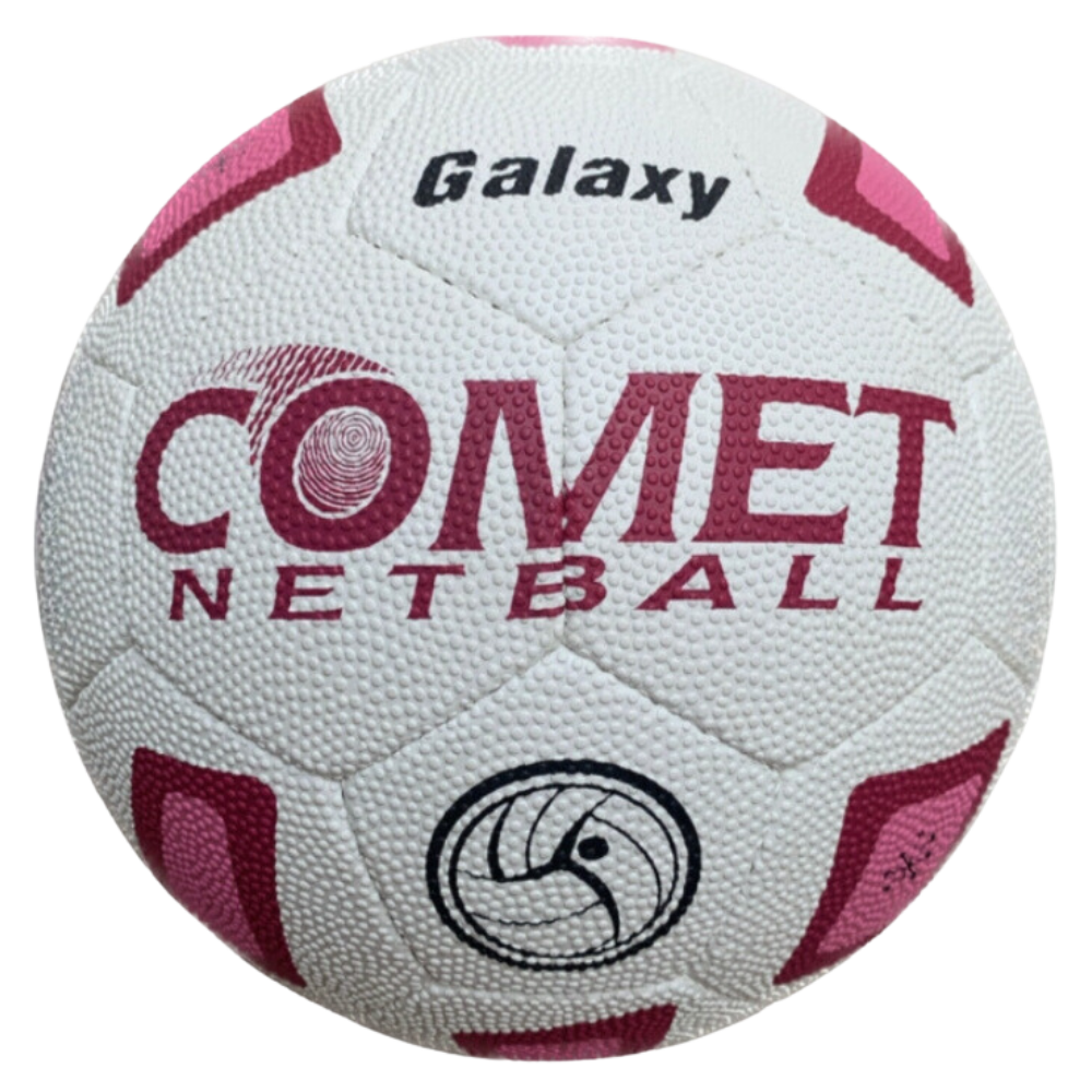 Soccer ball with pink accents and the word 'COMET' printed across it, brand Galaxy, close-up view showing textured panels and logo.